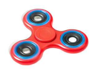 Red fidget spinner with three arms and blue details