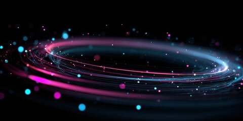 Glowing circular neon lines with cyan magenta gradients in dark space, dynamic streaks and floating wireframe particles for VR environment backgrounds and digital art installations.