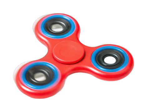 Red fidget spinner with three arms and blue details
