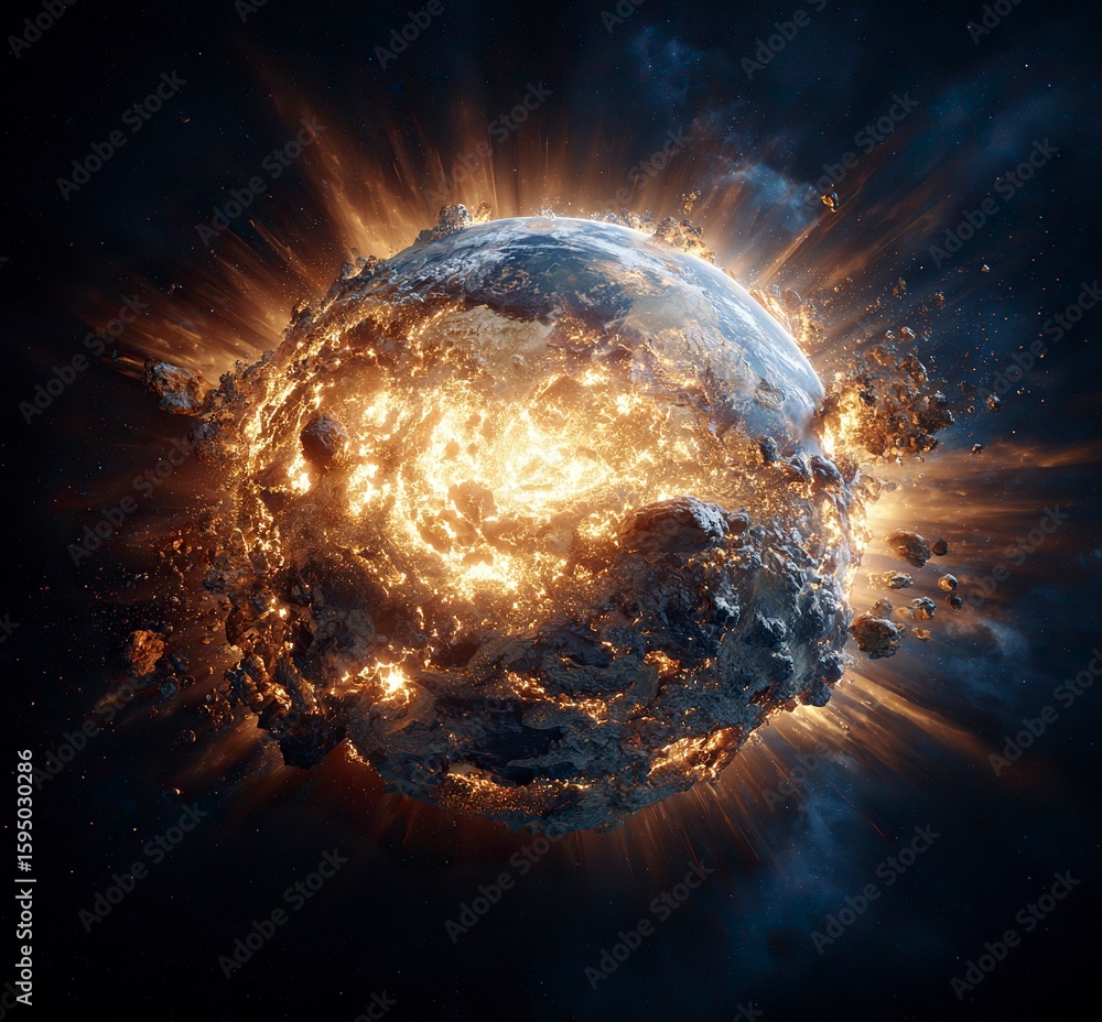 Poster the earth exploding in space, a stock photo, 3d rendering, hyper-realistic, high-resolution, high-de