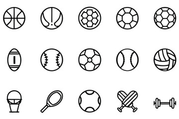 Assorted Sports Equipment Line Art Diverse Collection Featuring Balls Rackets and Weights for Sporting Activities and Fitness