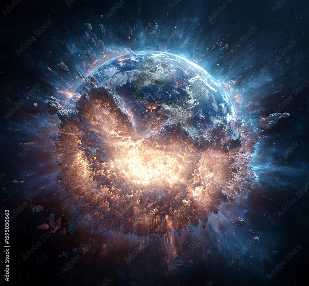 Poster the earth exploding in space, a stock photo, 3d rendering, hyper-realistic, high-resolution, high-de