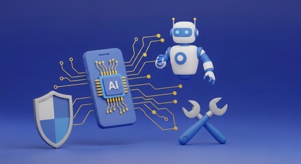 Ai robot and smartphone connect to shield and tools on blue background