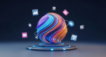 Abstract sphere with digital icons floats above a futuristic platform