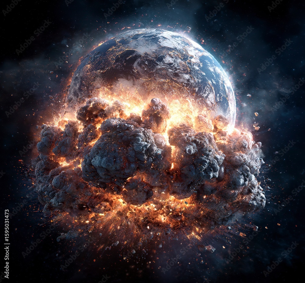 Poster the earth exploding in space, a stock photo, 3d rendering, hyper-realistic, high-resolution, high-de
