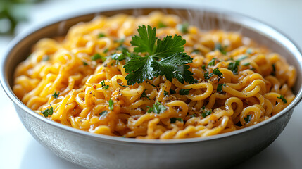 Creamy, cheesy ramen noodles in a skillet, garnished with fresh parsley.