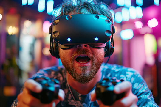 A man with a black VR headset and game controllers enjoys an exhilarating gaming experience in a minimalist studio filled with vibrant blue and purple neon lights