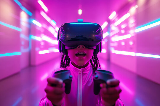 A child in a black virtual reality headset stands in a vibrant blue and purple-lit studio, holding two controllers and fully immersed in their gaming experience