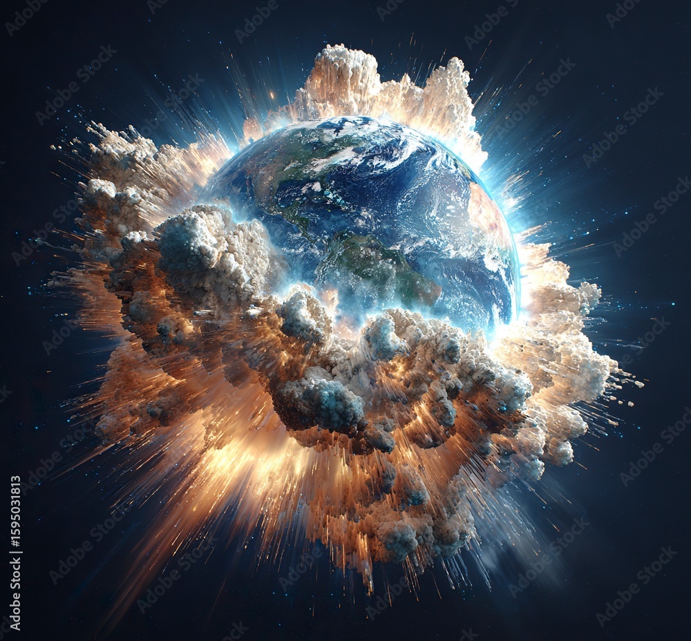 Poster the earth exploding in space, a stock photo, 3d rendering, hyper-realistic, high-resolution, high-de