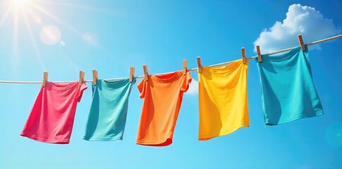 Brightly colored laundry gently swaying in a summer breeze on a clothesline, under a vibrant blue sky Perfect for summer, laundry, home, and lifestyle themes , line, clothes peg