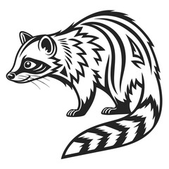 Black and white illustration of a raccoon with a striking pattern