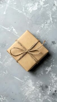 Eco-friendly present box wrapped in kraft paper with string bow, rotating on stone style surface under soft light, showcasing simple rustic gift wrapping design