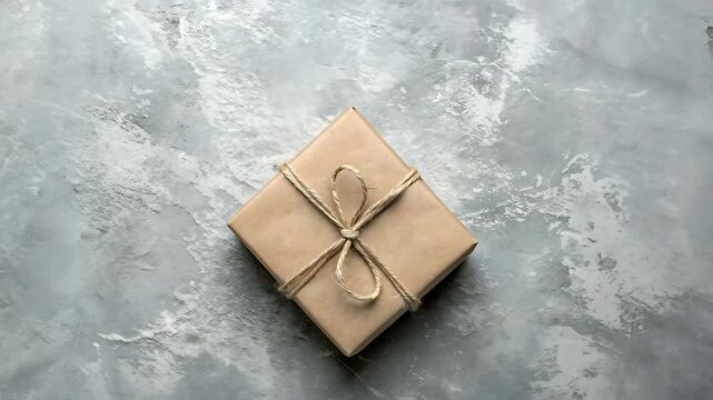 Minimalist gift box covered in kraft paper and tied with rustic rope, cinematic rotation on textured concrete background giving natural, eco-friendly packaging feel