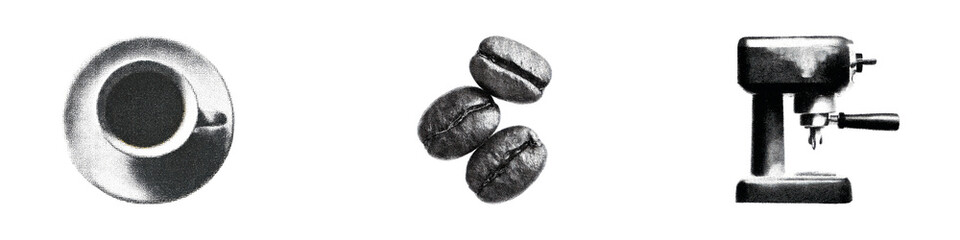 Vintage Coffee Essentials Set. Retro Espresso Machine, Cup, And Beans Collection Illustration Isolated On Transparent Background