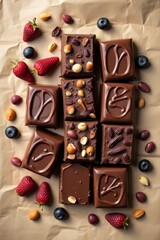 Flat Lay of Artisan Chocolate Bar with Berries and Nuts &ndash; Gourmet Dessert Layout