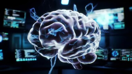 A digital rendering of a human brain, surrounded by futuristic technology interfaces. - Powered by Adobe