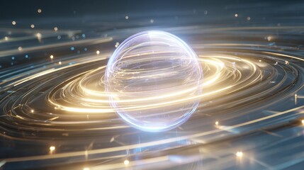 Futuristic glowing central orb with orbiting light rings and holographic grid background in dimensional perspective, metallic reflective surfaces for VR environment design
