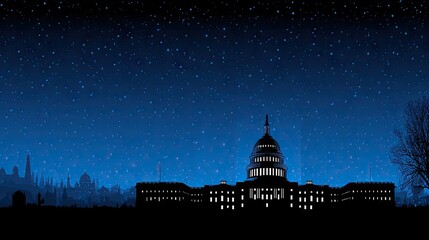 Silhouette of a capitol building at night under a starry sky.