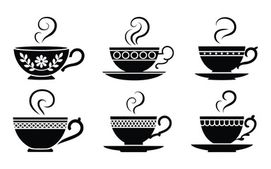 Line art icon set of six steaming teacups with unique decorative patterns including floral, striped, dotted, and geometric styles in black and white