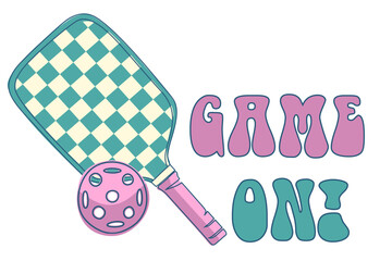Pickleball racket and ball with bright inscription "GAME ON!". Ideas for posters, apparel, social media or branding