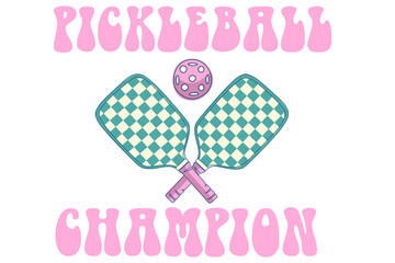 Two bright pickleball rackets crossed over each other with print of green and white squares, with pink ball and slogan" Pickleball Champion". Ideal  for posters, apparel, social media