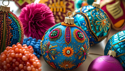 High angle view of multicolored decoration placed on a table for festive celebration
