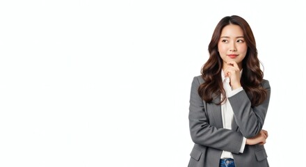 Thoughtful young businesswoman in grey blazer, hand on chin, posing against white background.