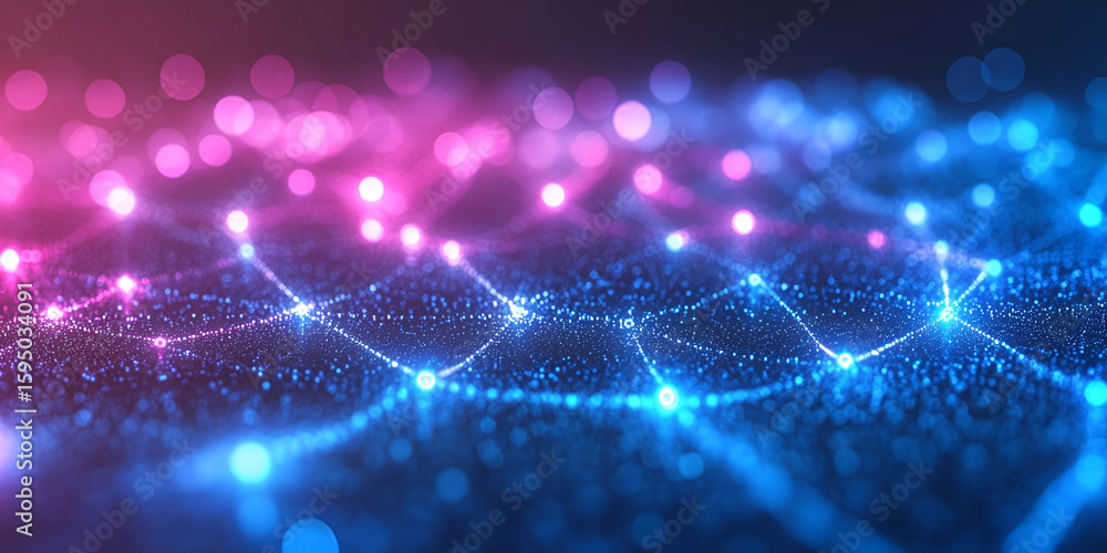 Poster abstract network of interconnected nodes with glowing lights, transitioning from pink to blue, sugge