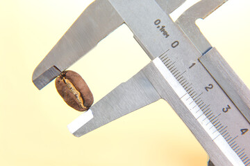 Close-up image of a single roasted coffee bean held by a caliper for accurate measurement, with a...
