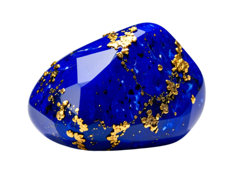 A mesmerizing polished lapis lazuli gemstone, featuring vibrant blue hues interspersed with sparkling gold pyrite inclusions.