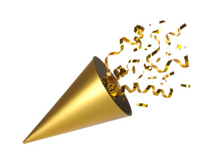 A golden party popper releasing a burst of shimmering gold confetti, symbolizing celebration and joy.