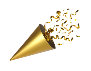 A golden party popper releasing a burst of shimmering gold confetti, symbolizing celebration and joy.