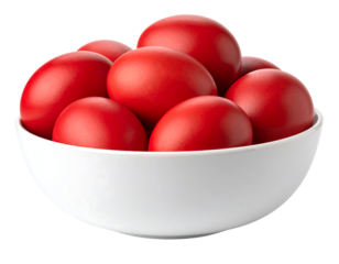 A bowl filled with vibrant red Easter eggs, symbolizing spring and the Easter holiday.