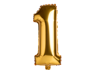 A shiny gold foil balloon in the shape of the number 1, perfect for first birthdays or celebrating number one status.