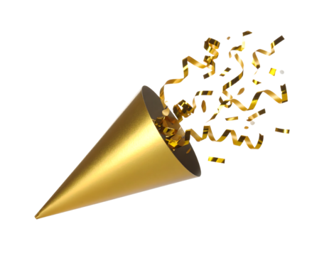 A golden party popper releasing a burst of shimmering gold confetti, symbolizing celebration and joy.