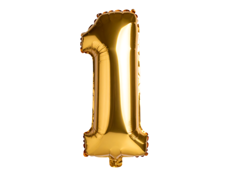 A shiny gold foil balloon in the shape of the number 1, perfect for first birthdays or celebrating number one status.