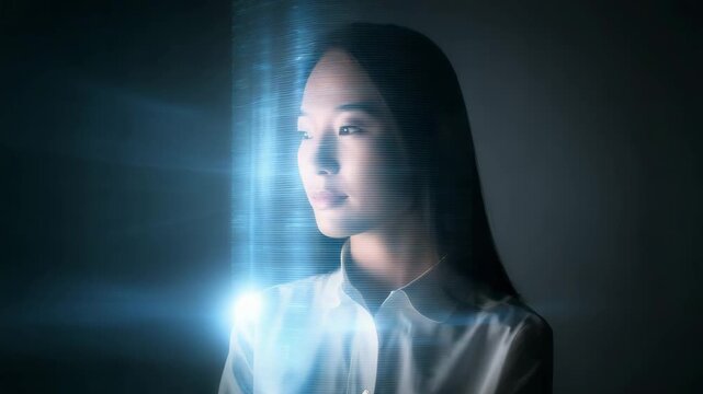 Young Asian woman looking thoughtfully as holographic avatar flickers briefly