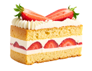 A delightful slice of strawberry shortcake featuring soft layers, fresh strawberries, and creamy whipped topping.