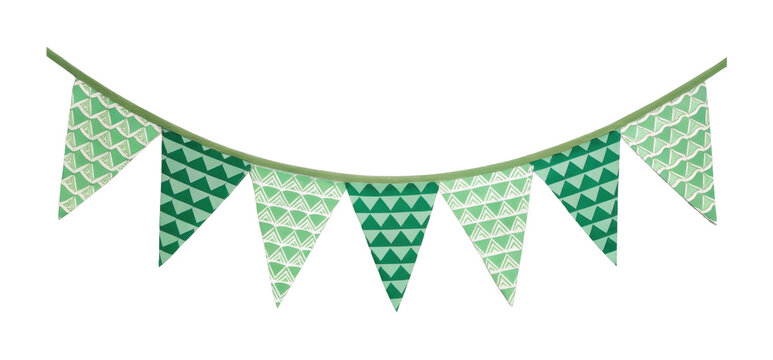 Festive green and white pennant flags with triangular patterns