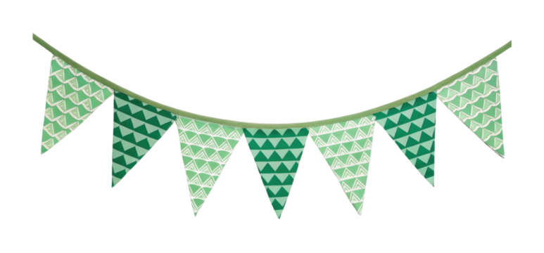 Festive green and white pennant flags with triangular patterns