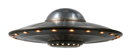 Futuristic metallic ufo with lighted rim in hovering position