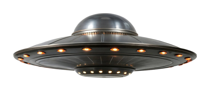 Futuristic metallic ufo with lighted rim in hovering position