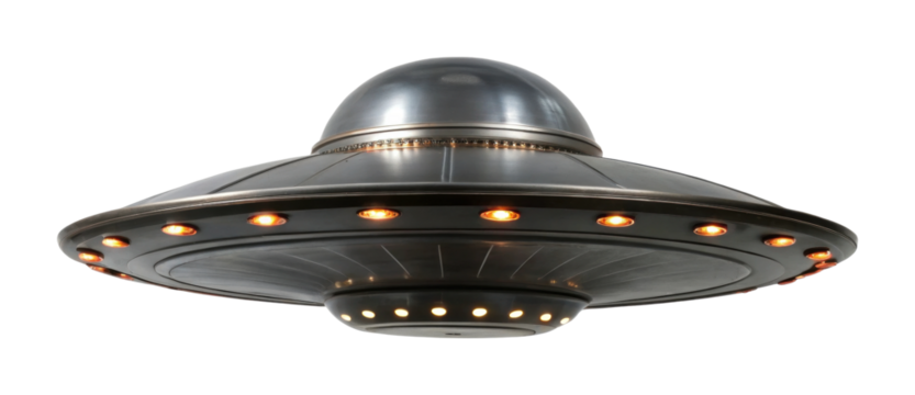 Futuristic metallic ufo with lighted rim in hovering position
