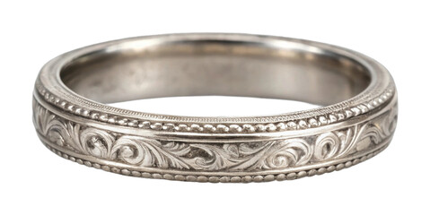 Intricate silver bangle with decorative swirl patterns
