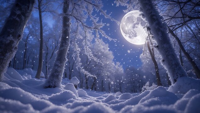 Snowy Winter Forest with Full Moon Glowing in Dark Blue Sky