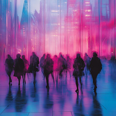 Blurred figures walk through a brightly lit urban space with pink and blue hues reflecting off the wet ground.