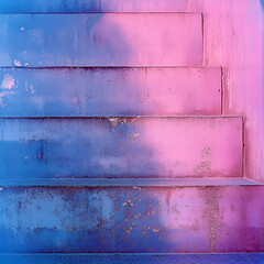 Concrete steps illuminated with a vibrant gradient of blue and pink light, creating a colorful, textured effect.