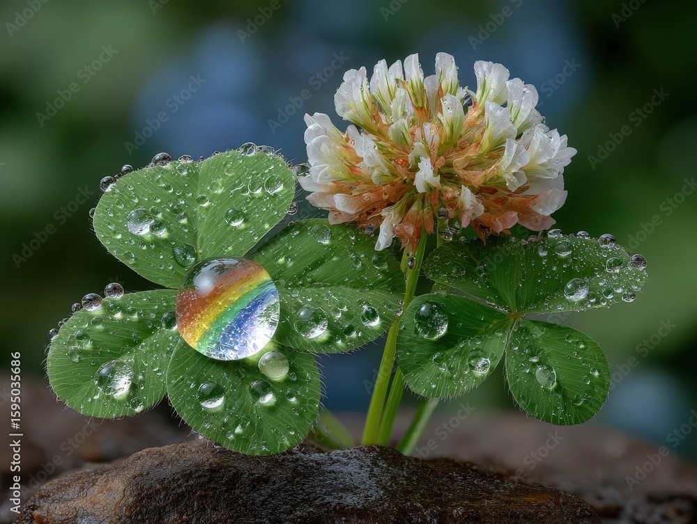 Poster macro shot of a single dewdrop on a clover leaf with reflection