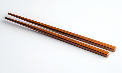 A pair of wooden chopsticks, parallel and resting diagonally on a white surface, casting a subtle shadow.