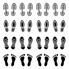 Black Footprints and Shoe Prints on White Background sole tread